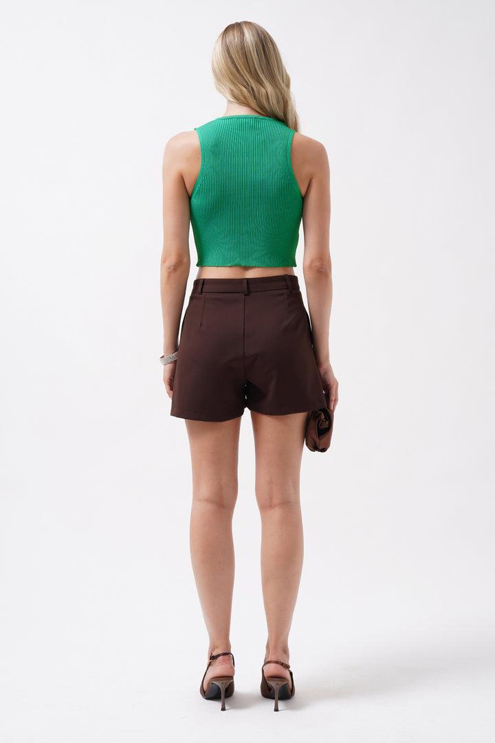 Taş Detay Dekolteli Yeşil Crop Bluz