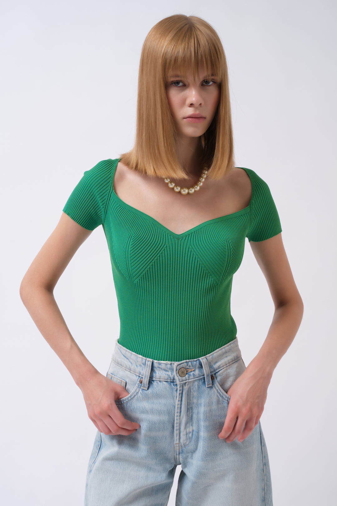 Kare Yaka Yeşil Triko Bluz