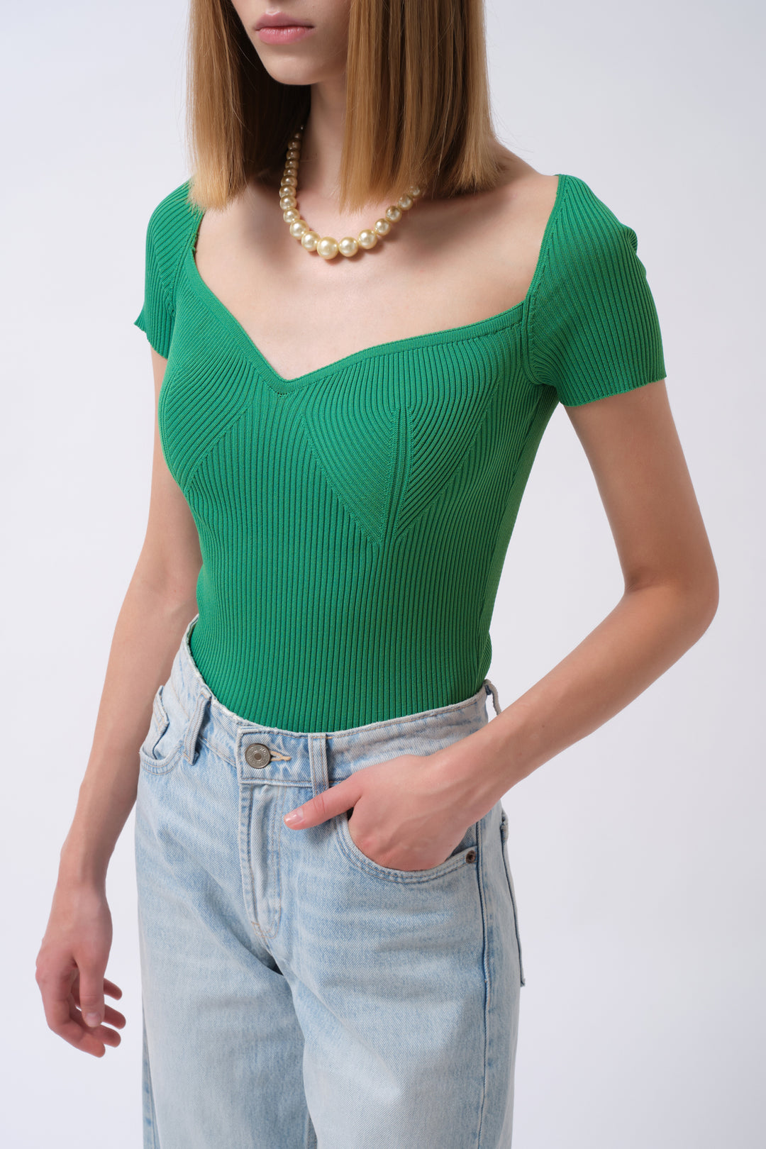 Kare Yaka Yeşil Triko Bluz