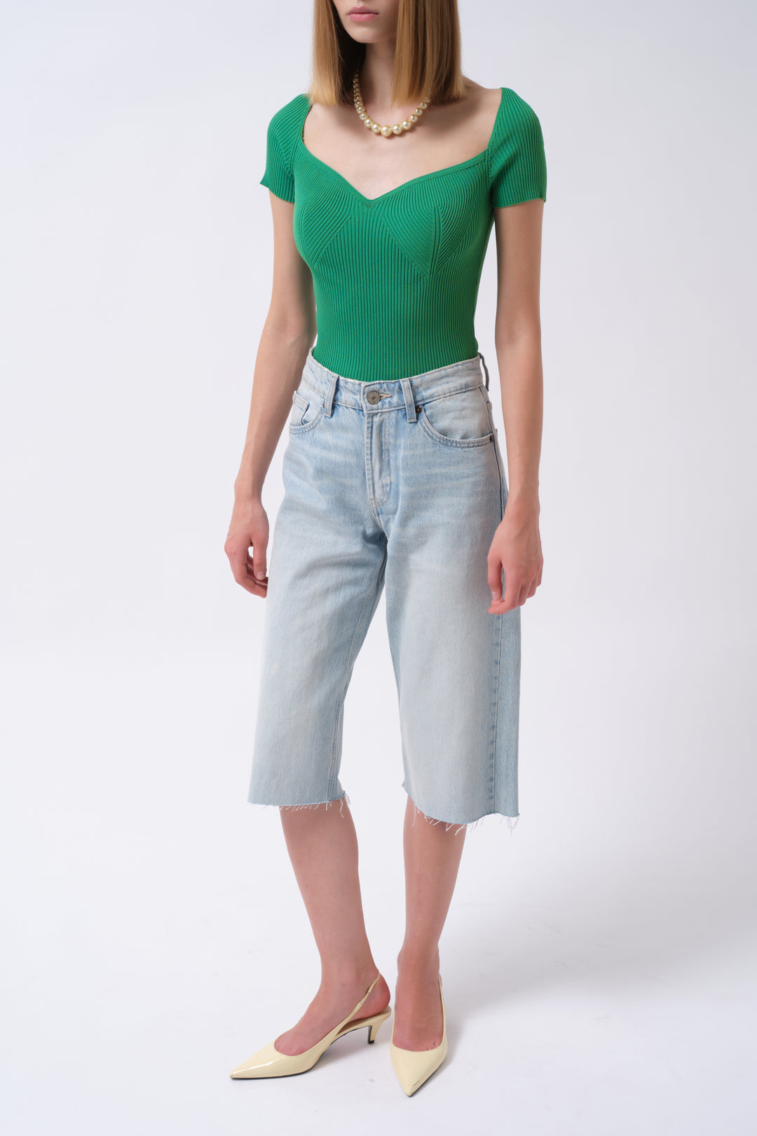 Kare Yaka Yeşil Triko Bluz