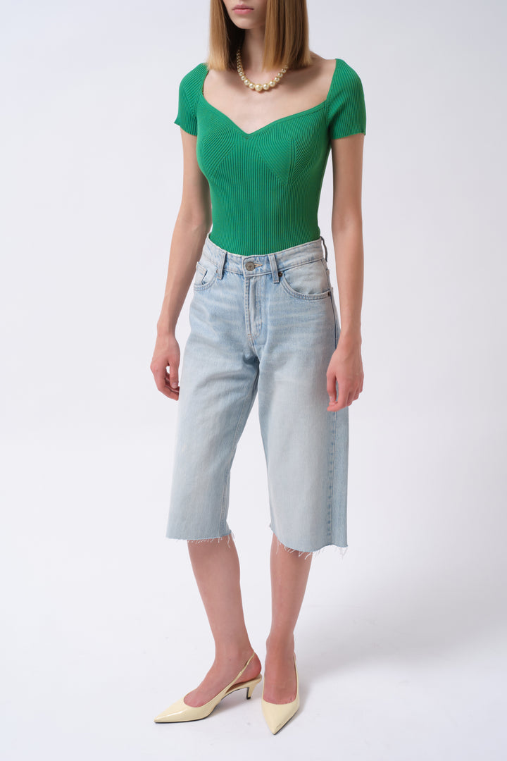 Kare Yaka Yeşil Triko Bluz