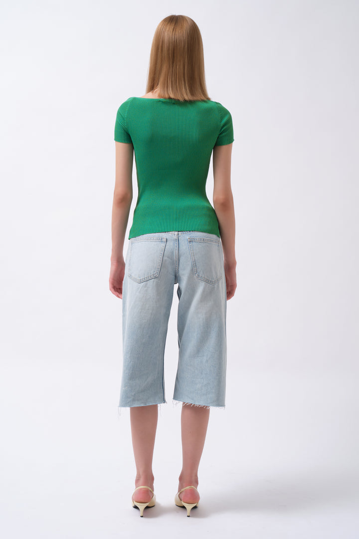 Kare Yaka Yeşil Triko Bluz