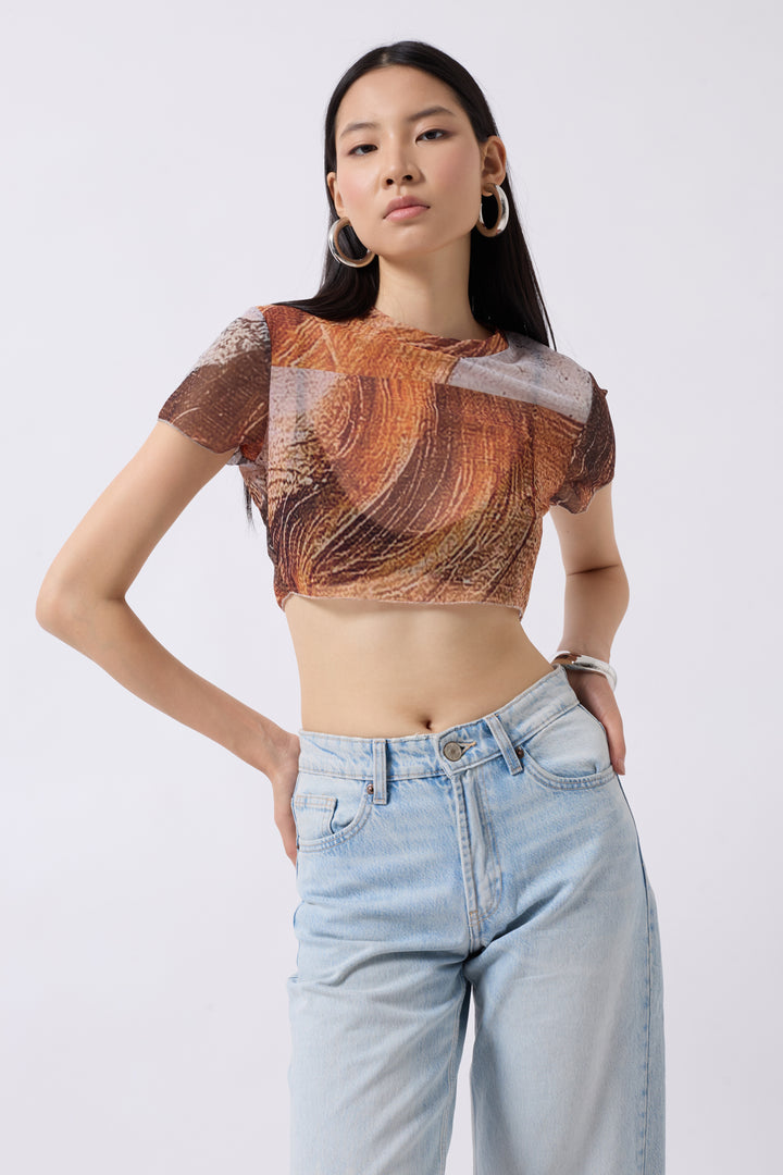 Patterned Half Sleeve Tulle Orange Blouse