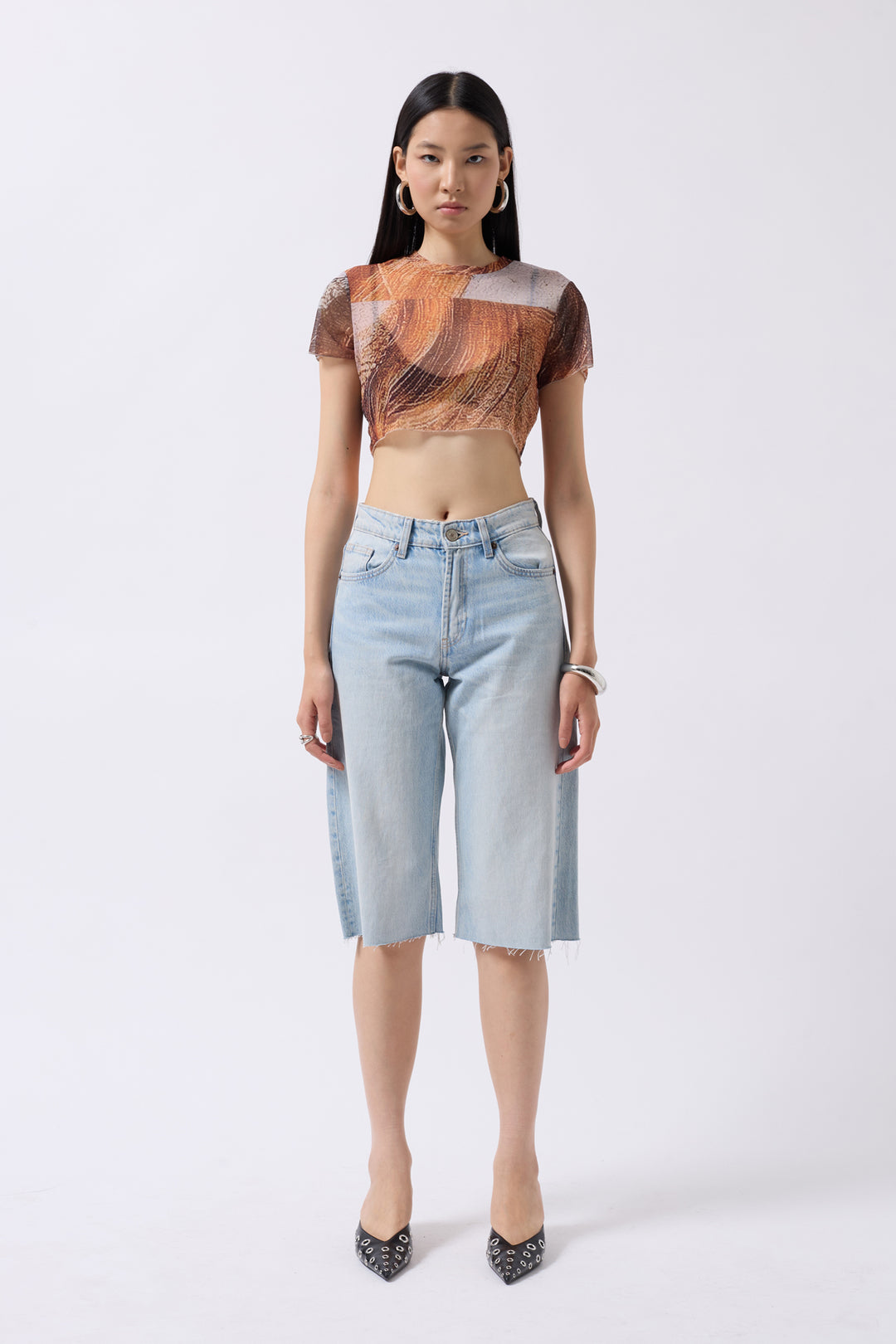 Patterned Half Sleeve Tulle Orange Blouse