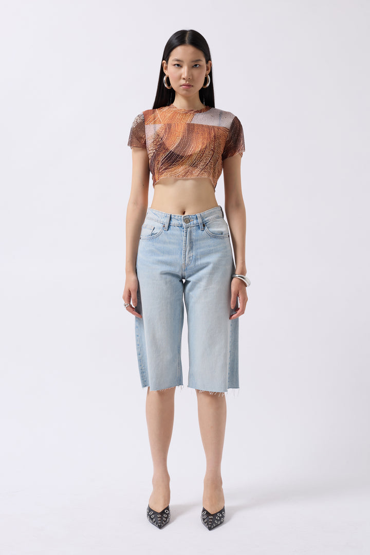 Patterned Half Sleeve Tulle Orange Blouse