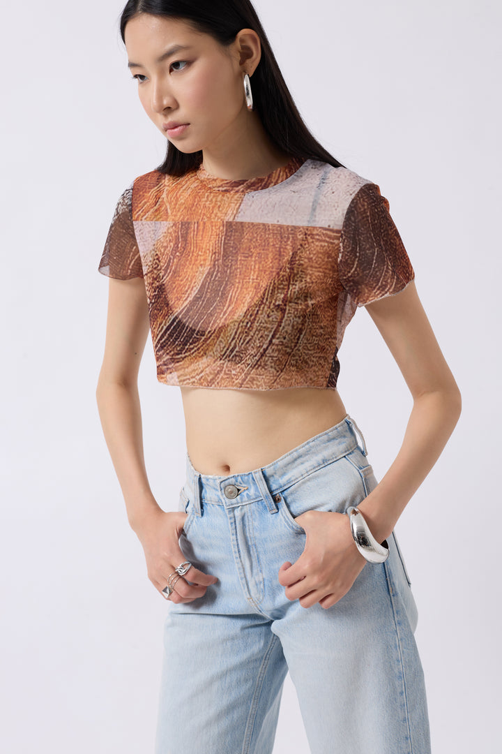 Patterned Half Sleeve Tulle Orange Blouse