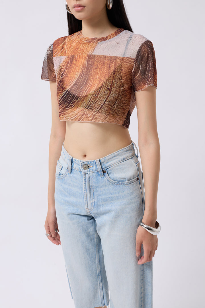 Patterned Half Sleeve Tulle Orange Blouse