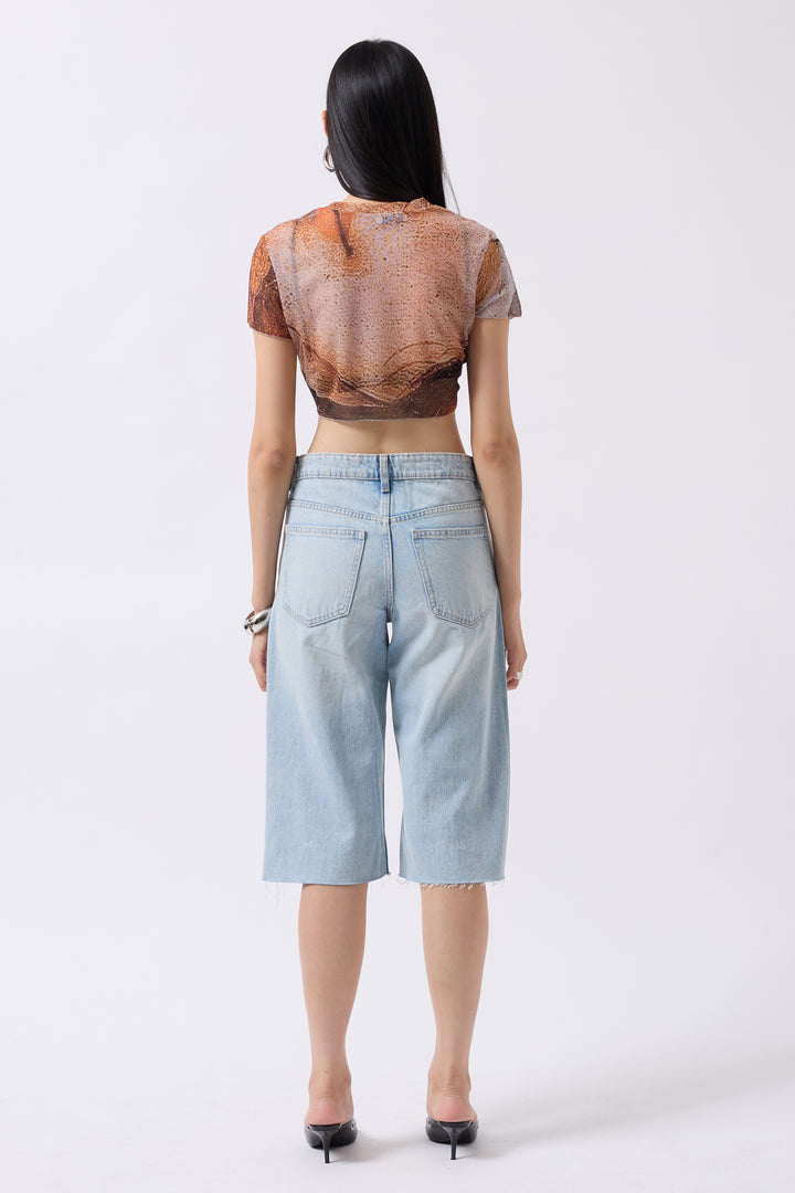 Patterned Half Sleeve Tulle Orange Blouse