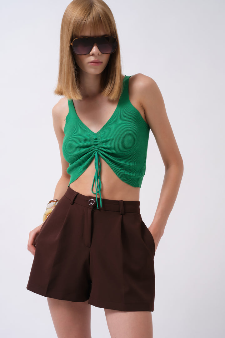 Front Pleated Green Crop Blouse 