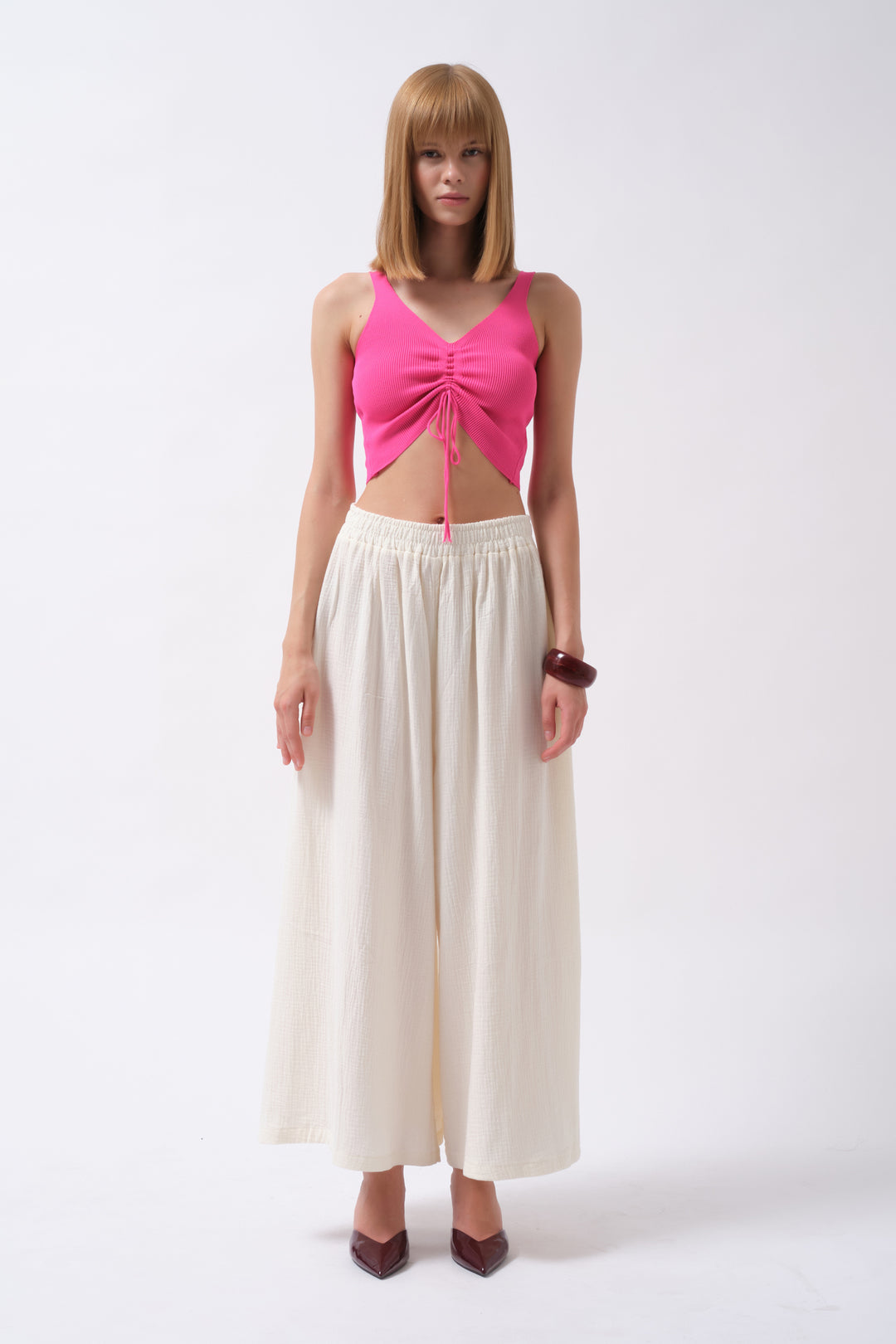Fuchsia Crop Blouse with Front Pleats 