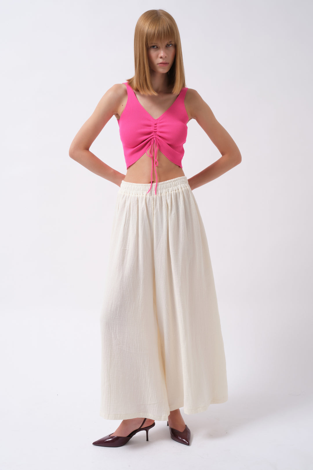 Fuchsia Crop Blouse with Front Pleats 