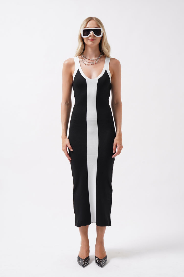 Double Color Slit Detail Black and White Dress 