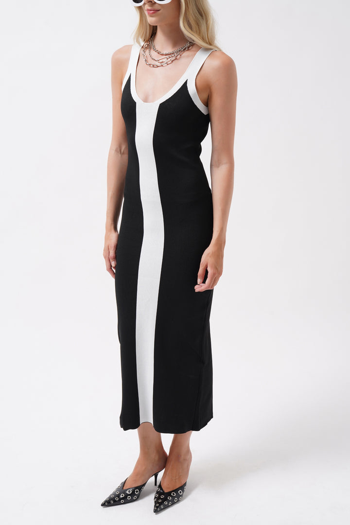 Double Color Slit Detail Black and White Dress 