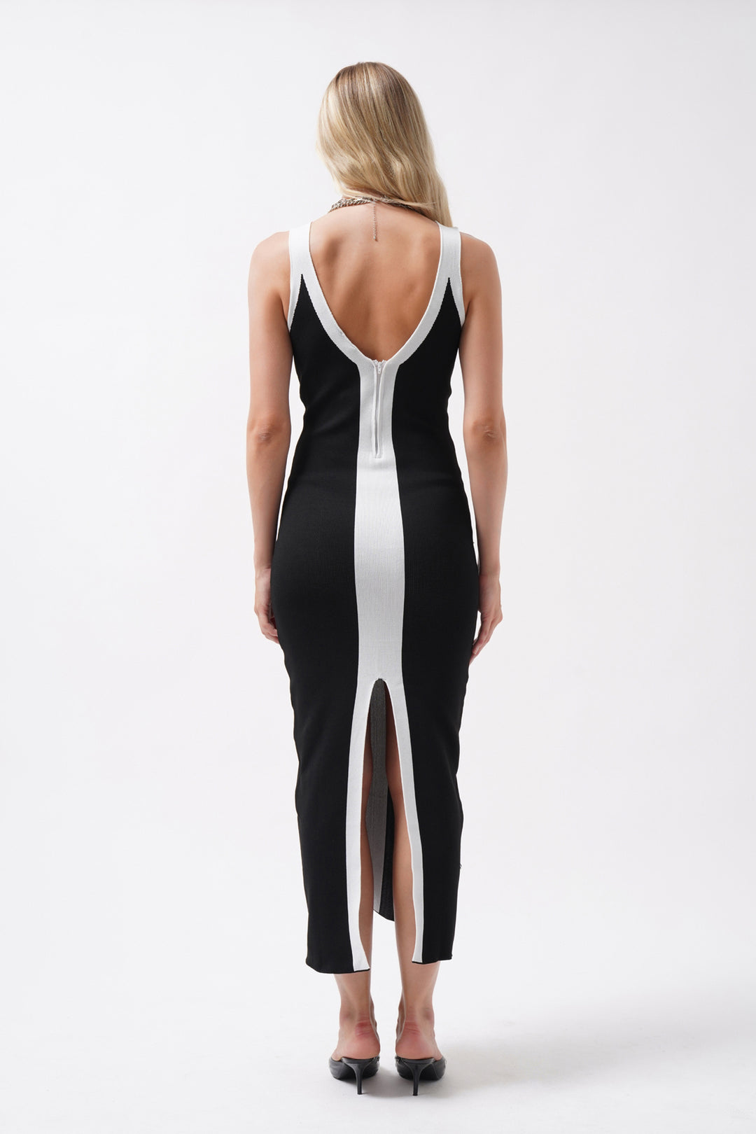 Double Color Slit Detail Black and White Dress 