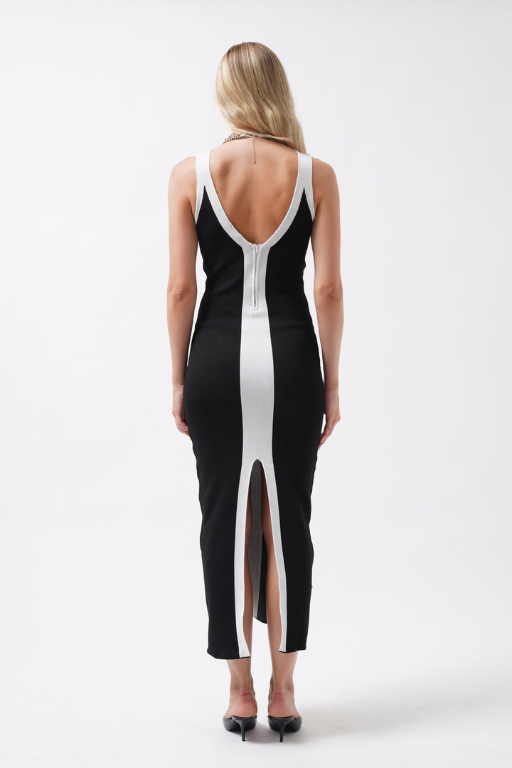 Double Color Slit Detail Black and White Dress 