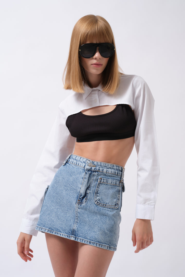 Oval Cut White Crop Shirt 