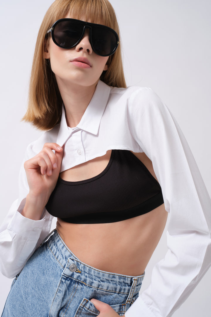 Oval Cut White Crop Shirt 