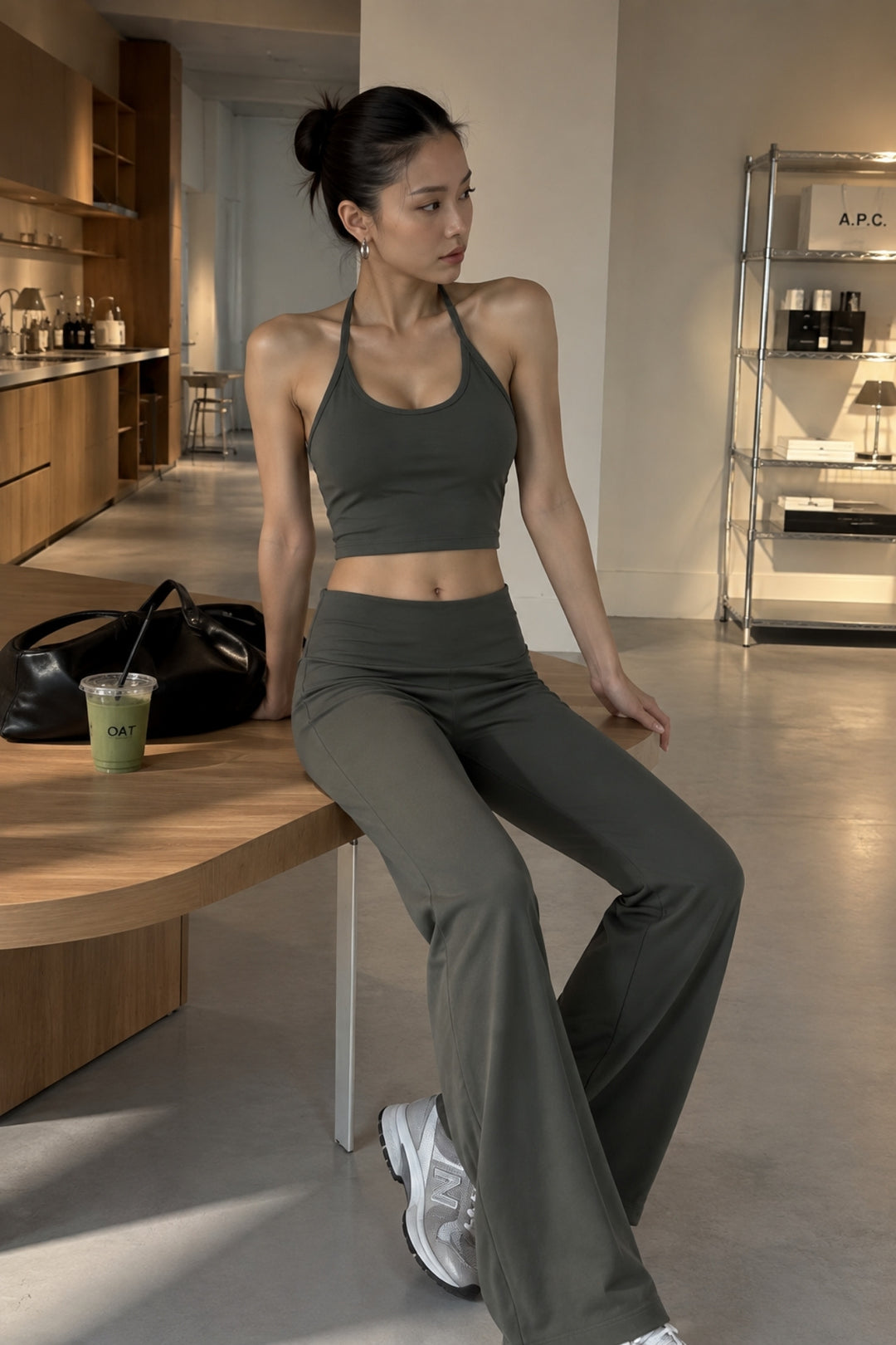 İp Askılı Bluz Wide Leg Pantolon İkili Haki Takım