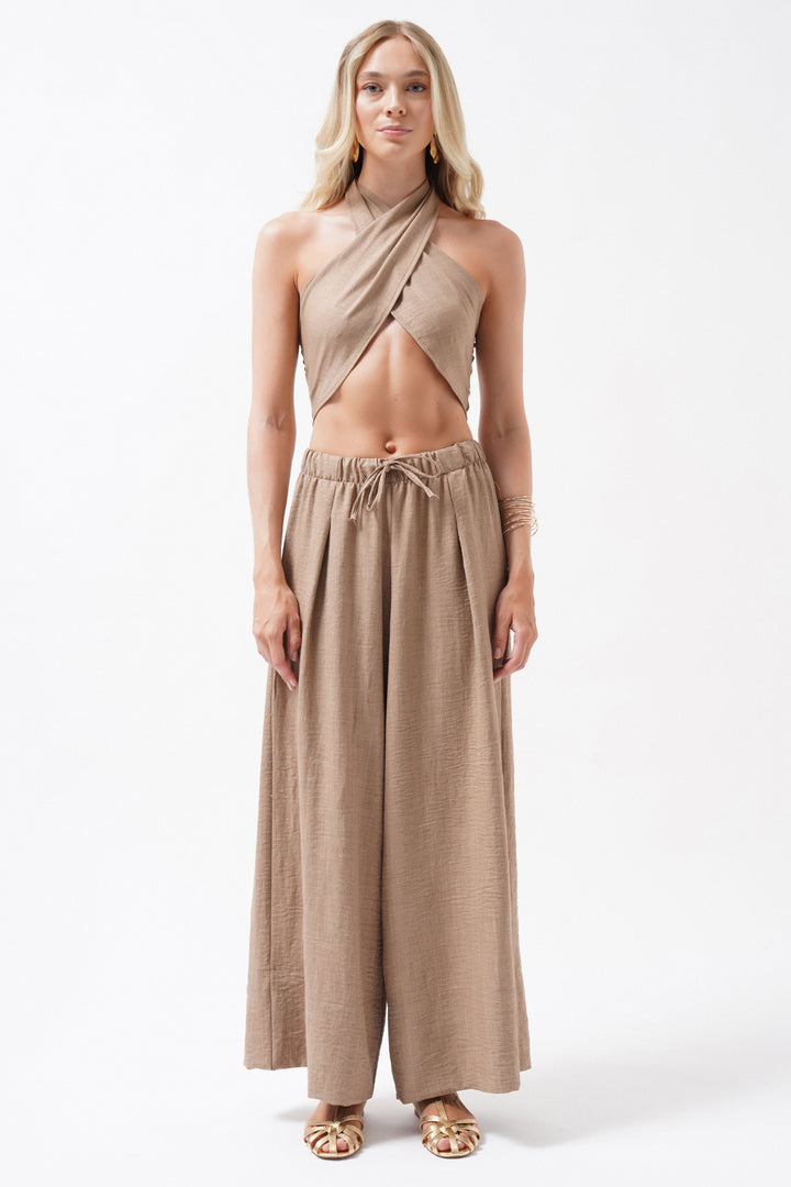 Low Waist Oversize Linen Beige Trousers