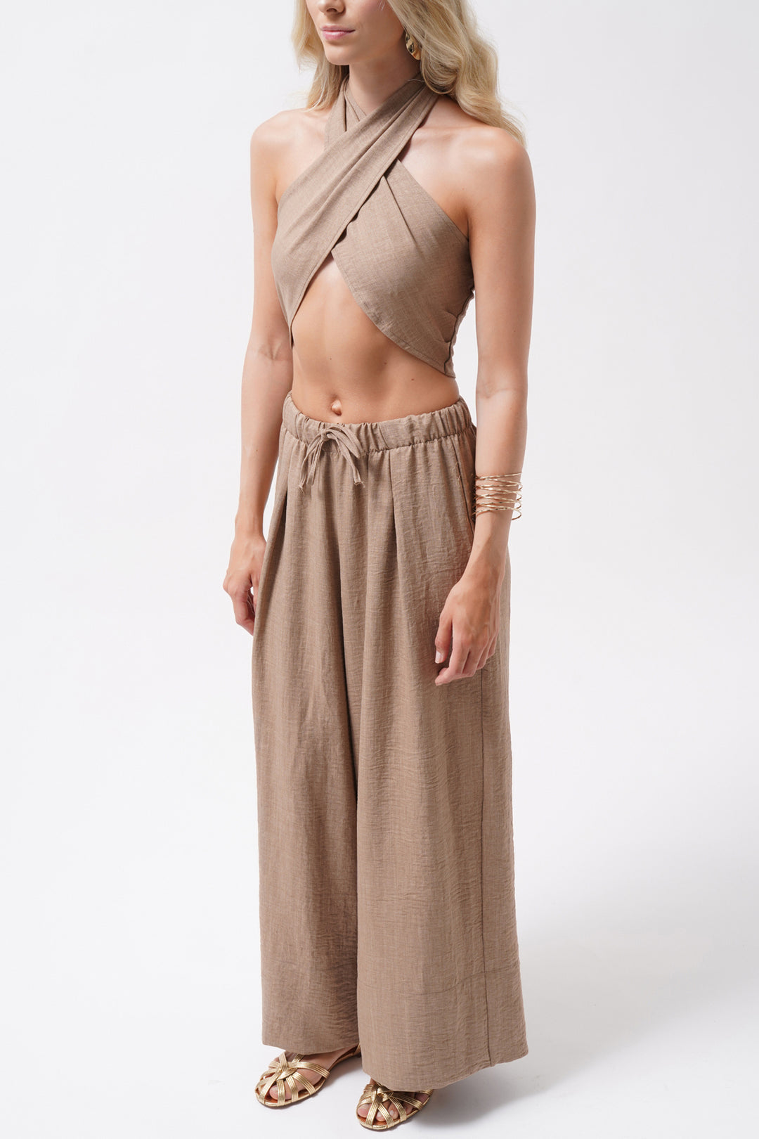 Low Waist Oversize Linen Beige Trousers