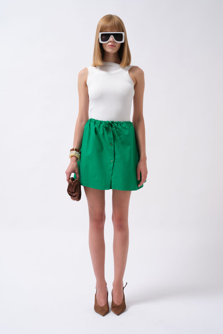 Beli Lastikli Düğmeli Yeşil Mini Etek