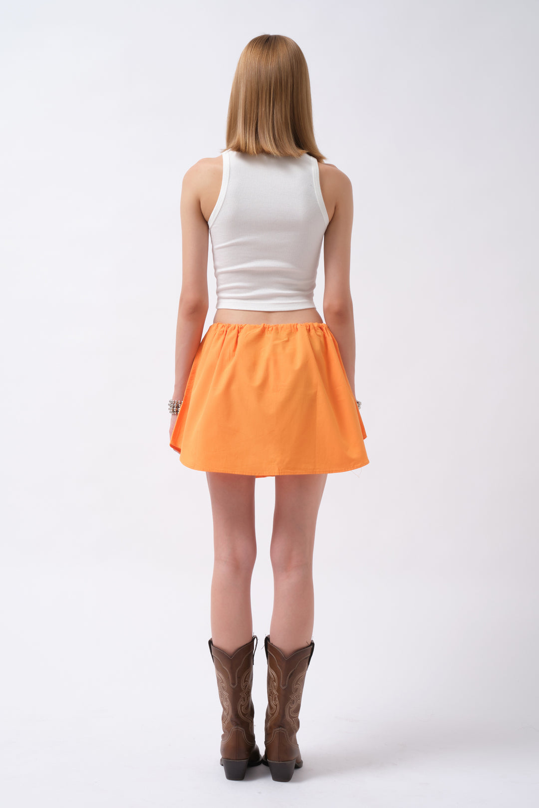 Orange Mini Skirt with Elastic Waist and Buttons 