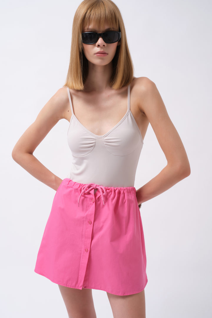 Fuchsia Mini Skirt with Elastic Waist and Buttons 