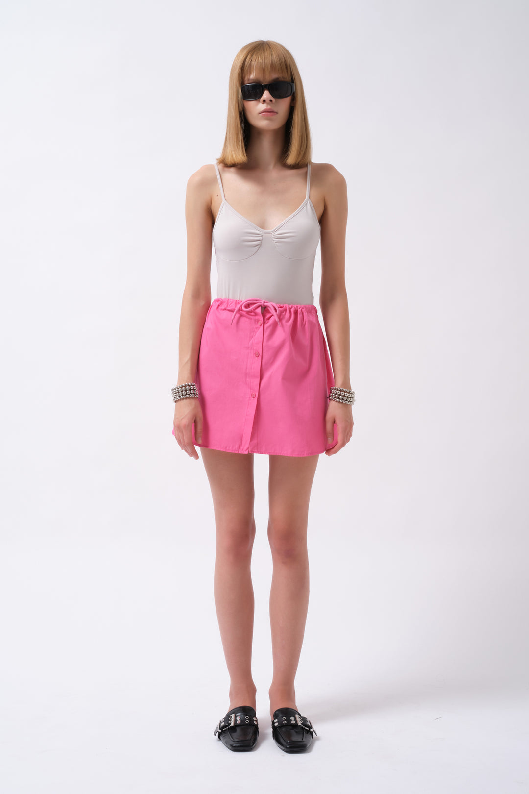 Fuchsia Mini Skirt with Elastic Waist and Buttons 