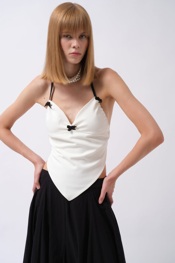 Front Gather Detail Back Tie White Blouse 