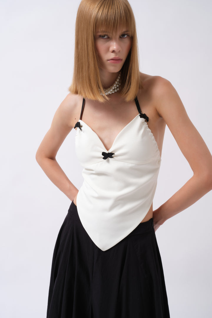 Front Gather Detail Back Tie White Blouse 