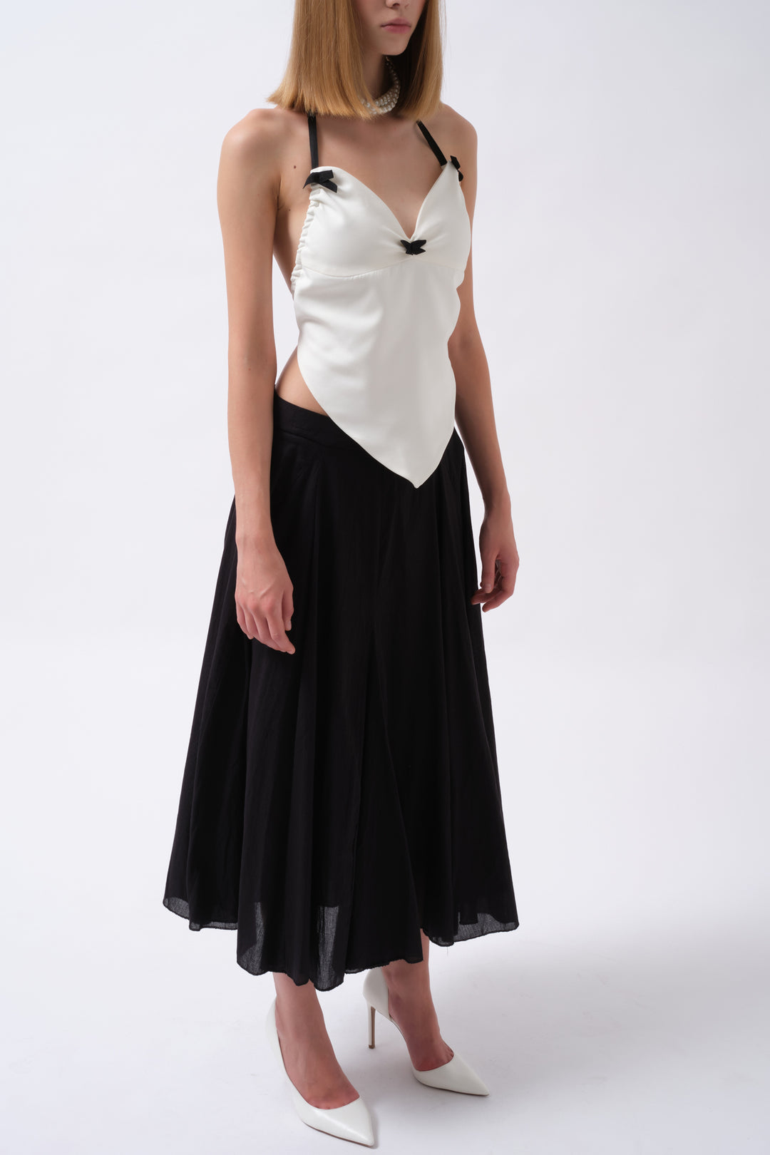 Front Gather Detail Back Tie White Blouse 