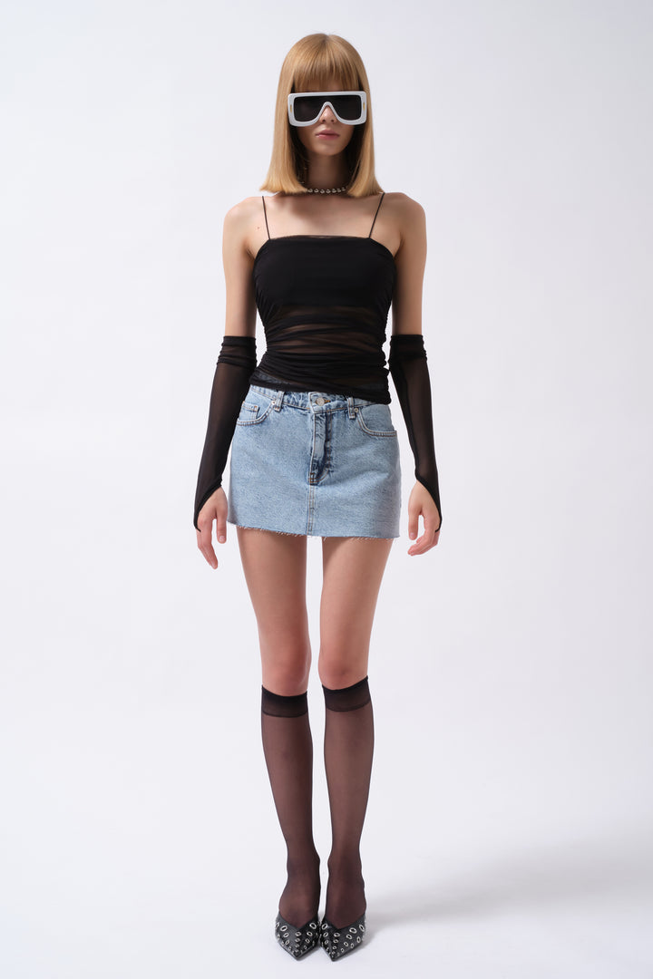 Sleeve Detail Strap Black Tulle Blouse 