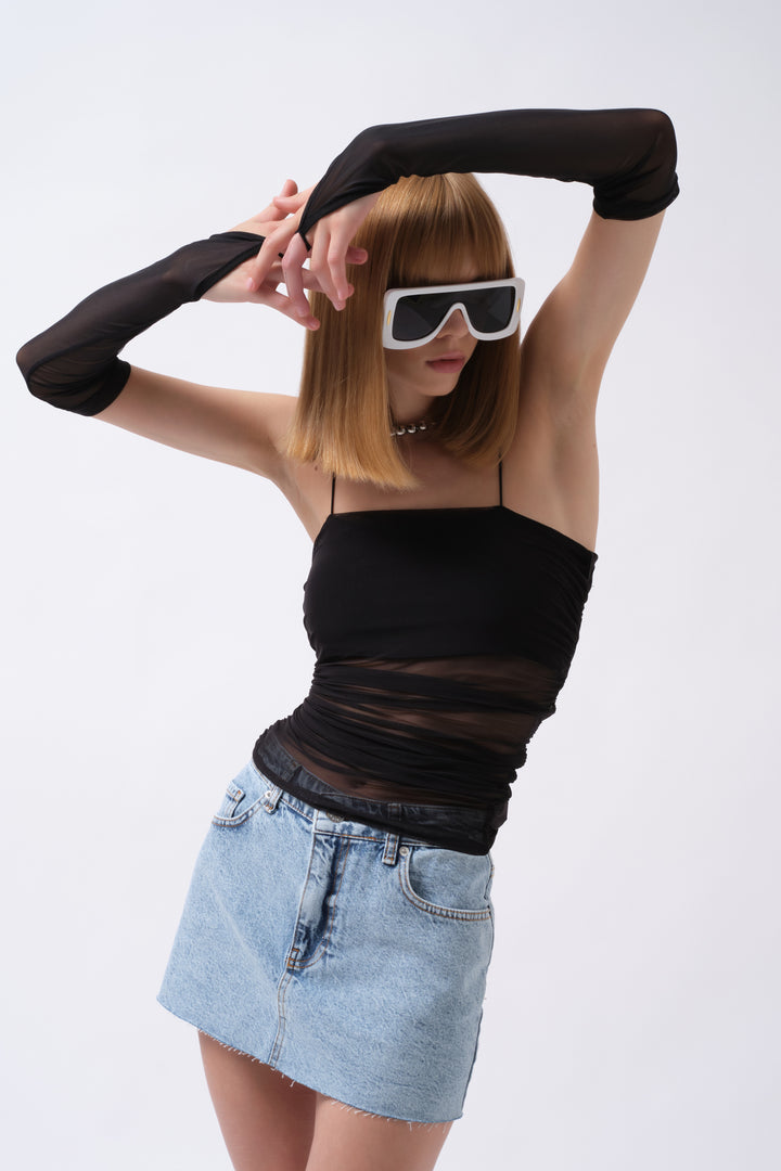 Sleeve Detail Strap Black Tulle Blouse 