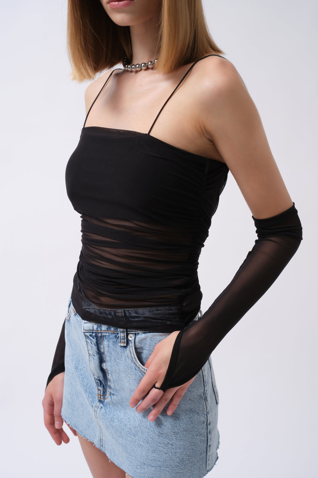Sleeve Detail Strap Black Tulle Blouse 
