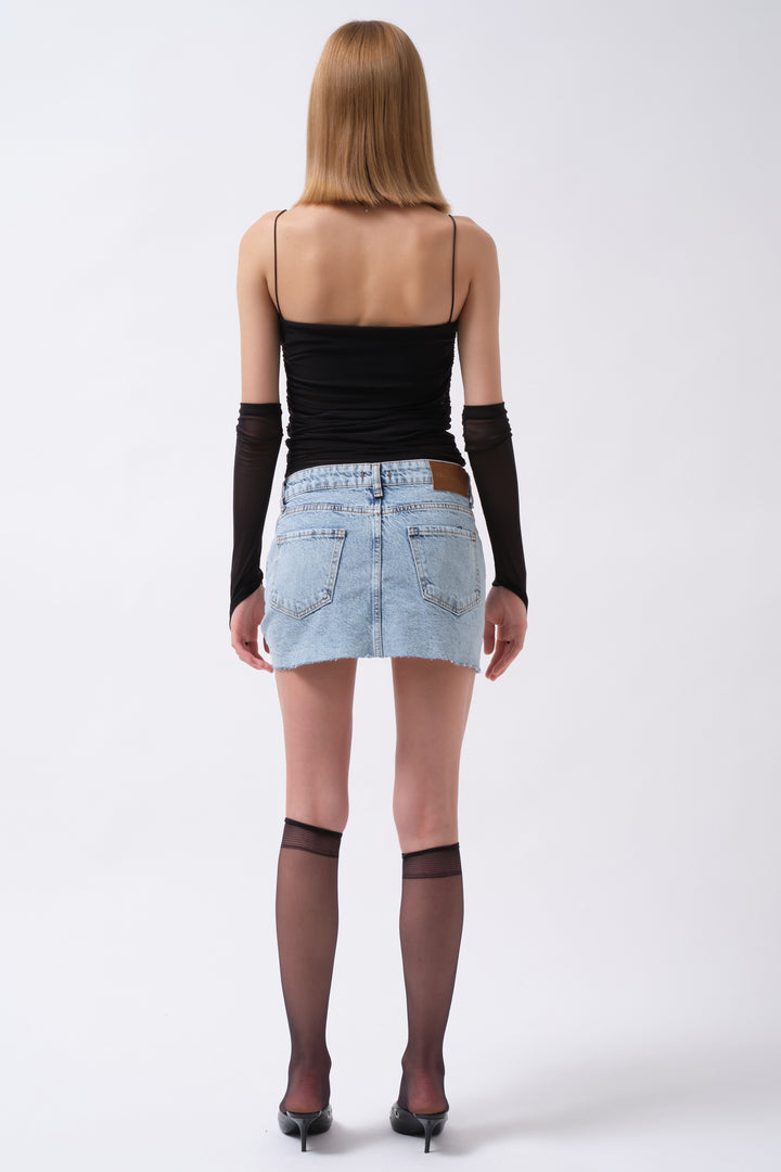 Sleeve Detail Strap Black Tulle Blouse 