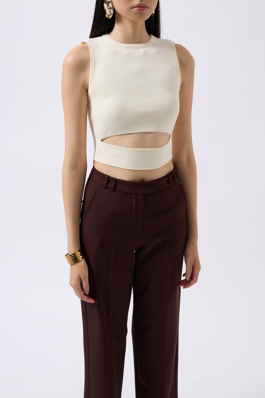 Pencere Detay Ekru Triko Bluz