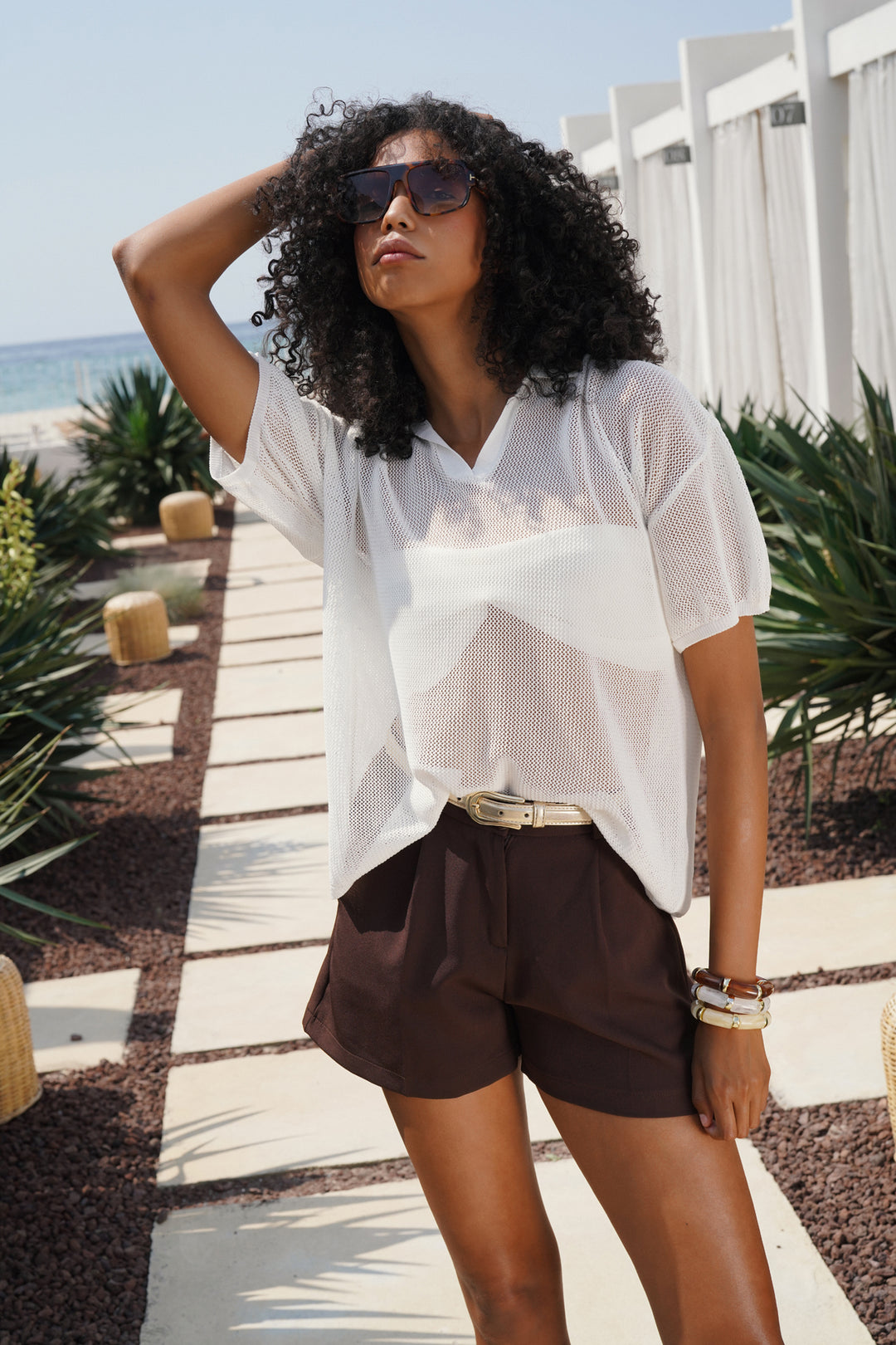 Polo Neck Transparent Ecru T-Shirt 