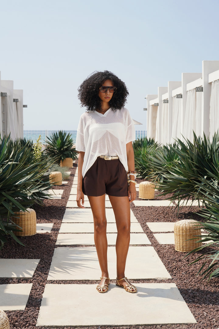 Polo Neck Transparent Ecru T-Shirt 