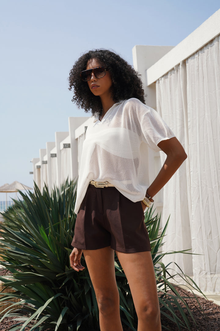 Polo Neck Transparent Ecru T-Shirt 