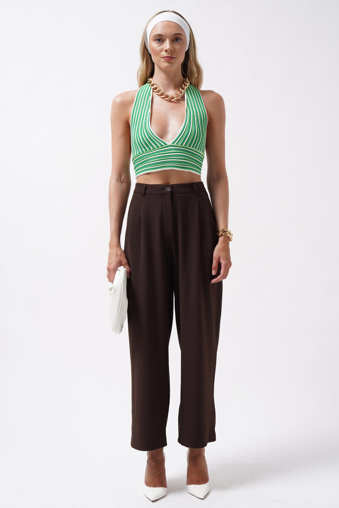 Striped Tie Neck Lime Crop 
