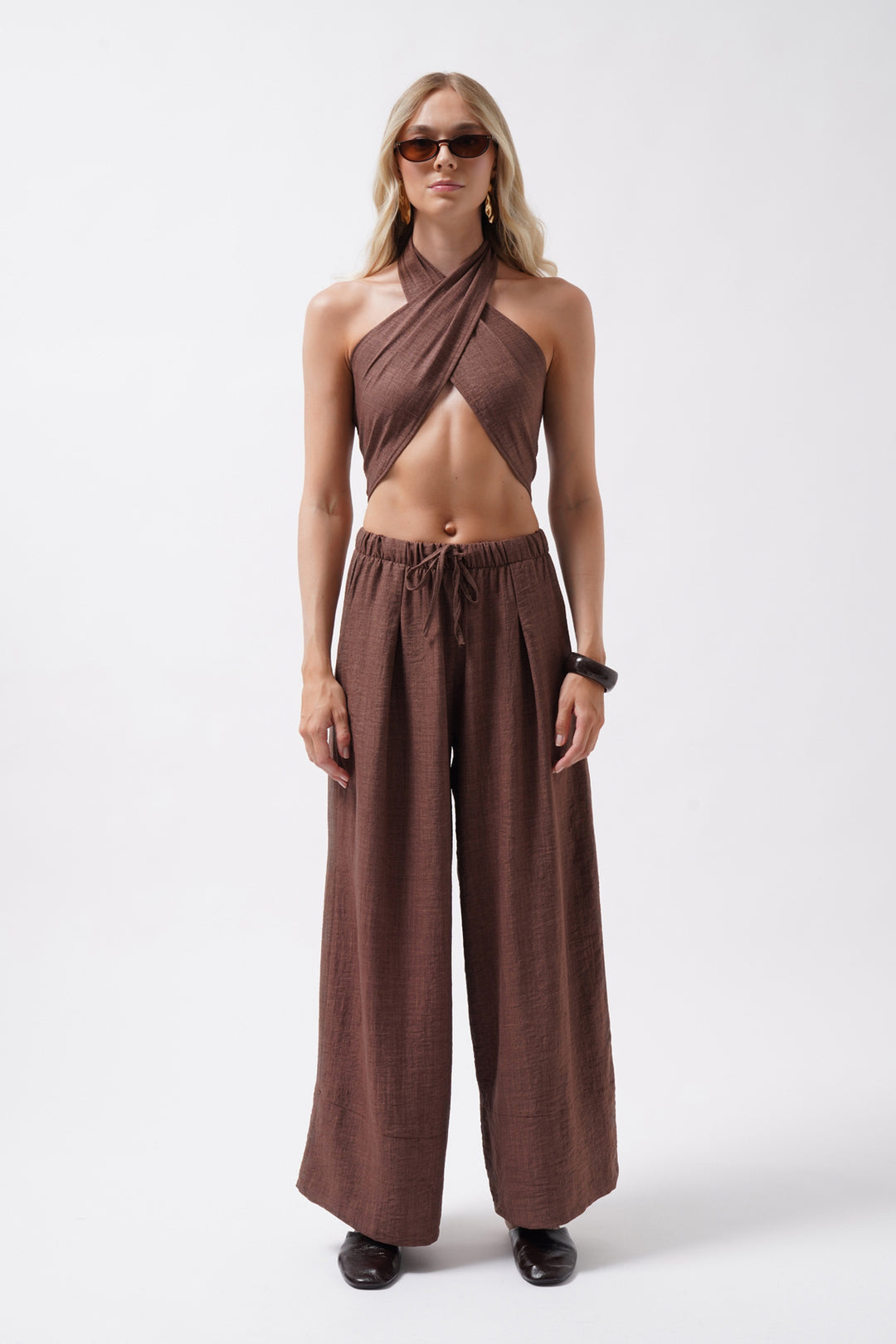 Cross-Laced Linen Brown Crop