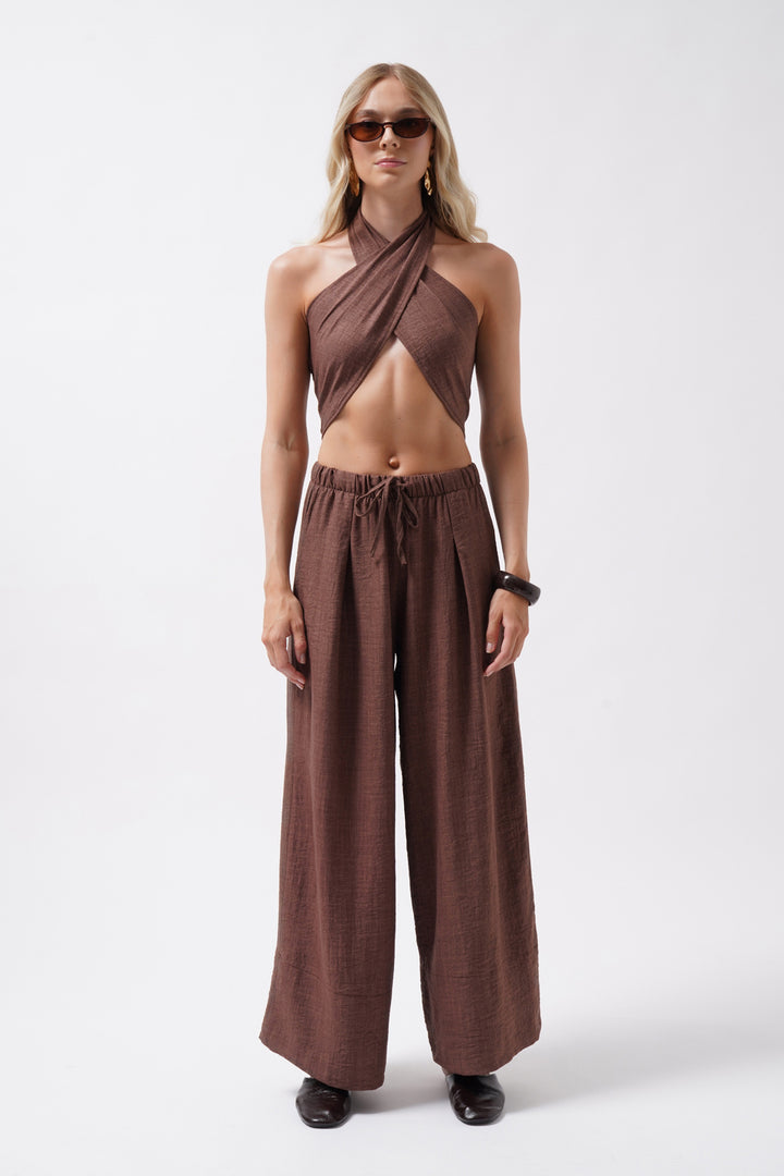 Cross-Laced Linen Brown Crop