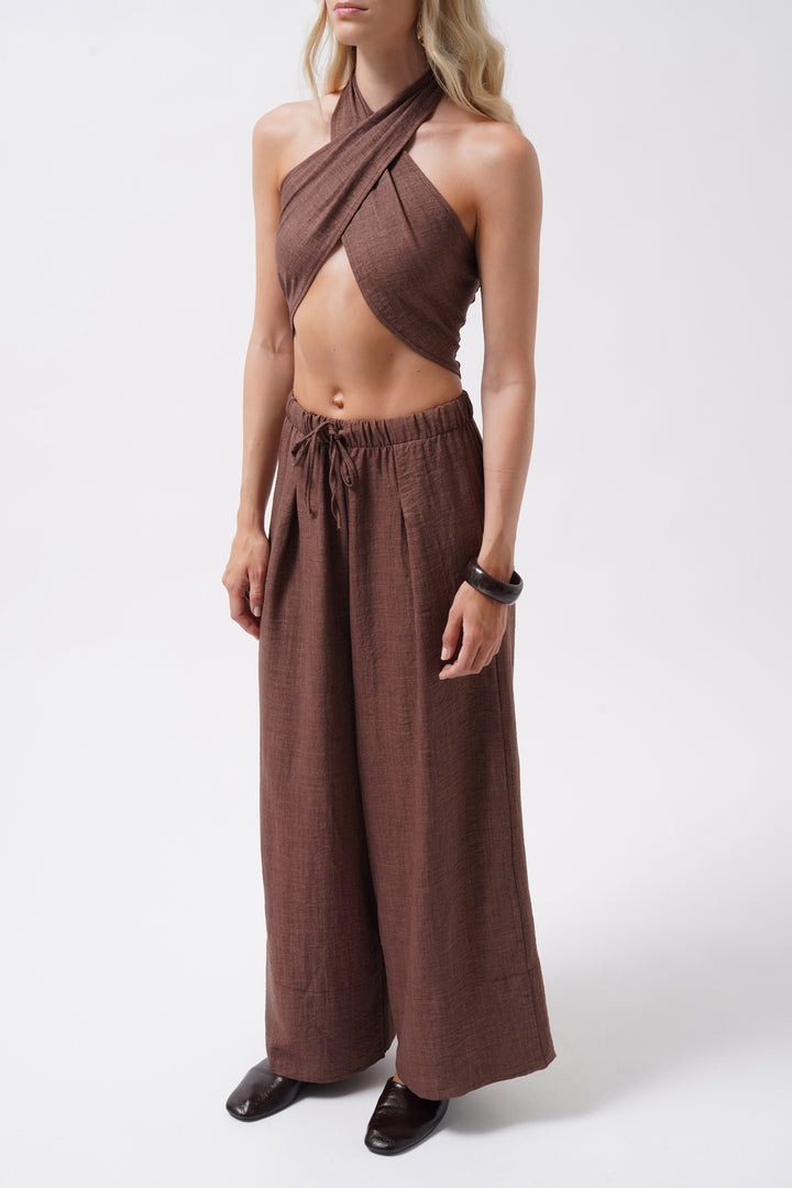 Cross-Laced Linen Brown Crop