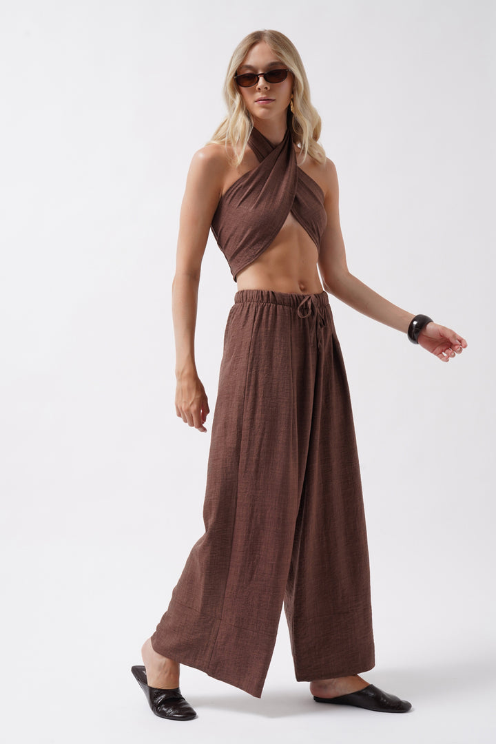 Cross-Laced Linen Brown Crop