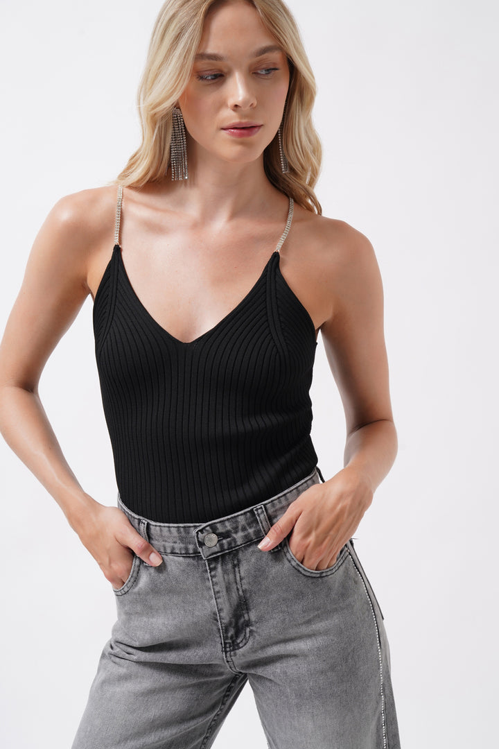 Black Knitted Blouse with Stone Straps 