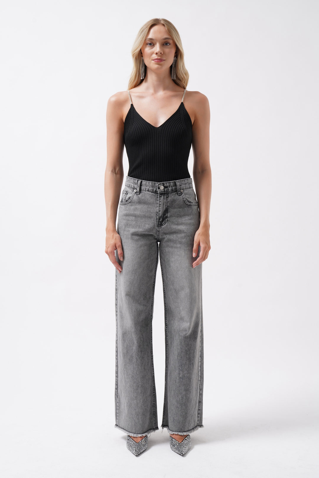 Black Knitted Blouse with Stone Straps 