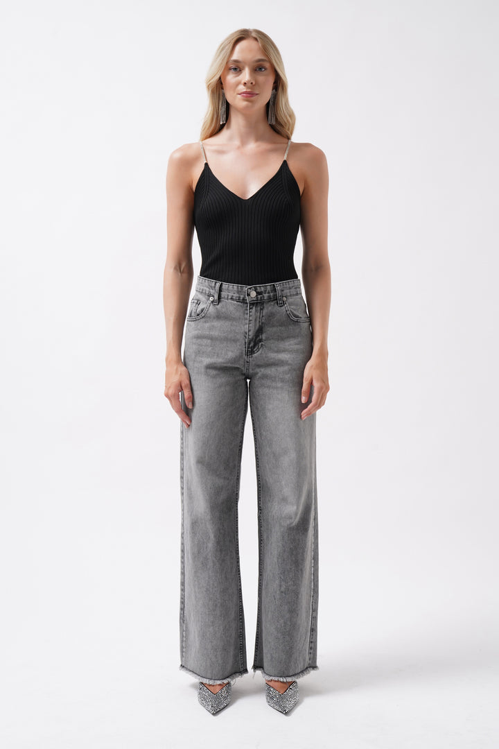 Black Knitted Blouse with Stone Straps 