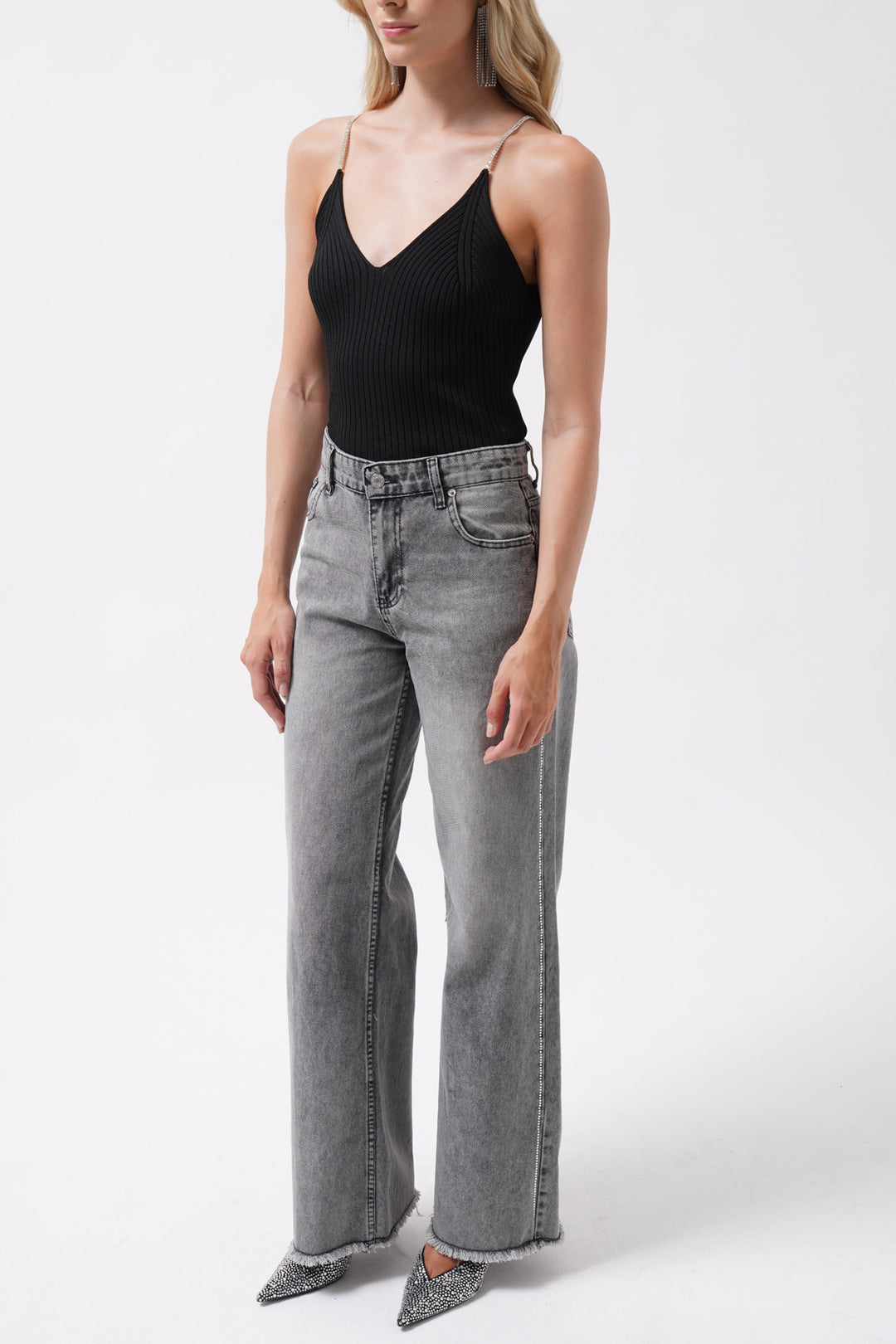 Black Knitted Blouse with Stone Straps 