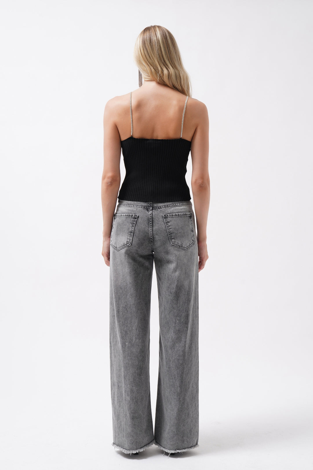 Black Knitted Blouse with Stone Straps 