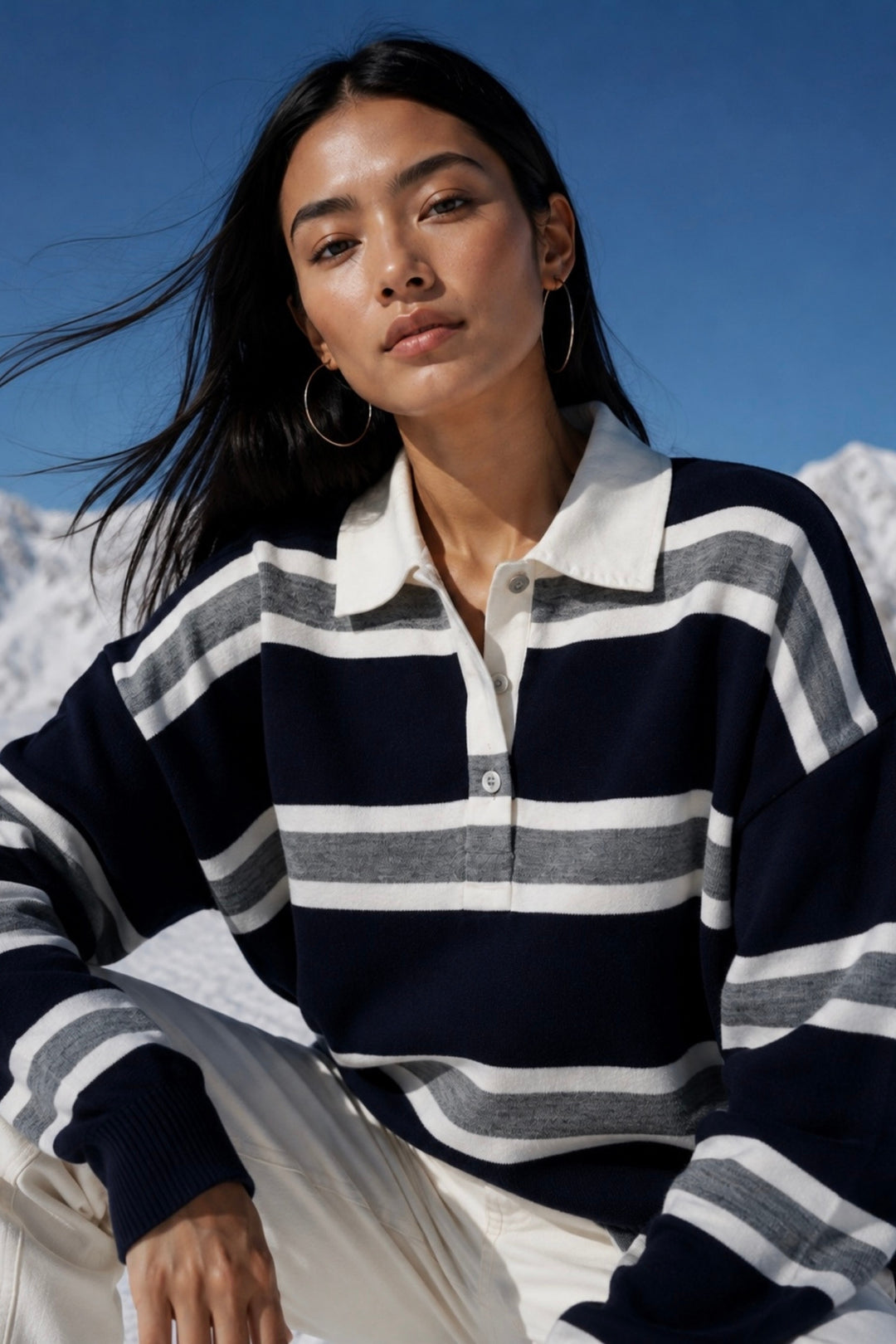 Striped Buttoned Polo Neck Navy Knit Blouse